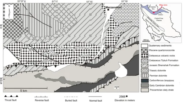 Figure 2. Geological map of the study area with the position of analyzed samples. Modiﬁed from the 1:100,000 Marzanabad geological map of Iran.