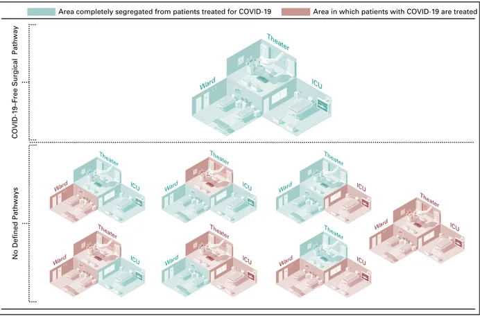 FIG 1. Differences between hospitals with a coronavirus disease 2019 (COVID-19)–free surgical pathway and hospitals with no deﬁned pathway