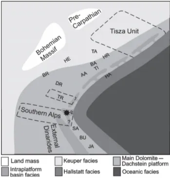 Fig. 1. Paleogeographic position of the Southern Alps during Late Triassic. A suggested position of the Tamar tectonic unit (as a  sub-unit of the Southern Alps) is marked by a black star