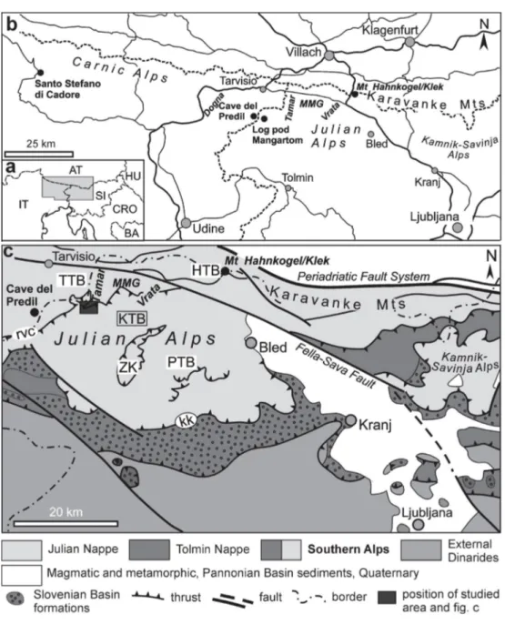 Fig. 2. Position and geological setting of the studied area. a – Position of the area depicted in Fig. 2b (shaded), b – Detailed map with po- po-sitions  of  the  sections  mentioned  in  the  text,  c  –  Structural  subdivision  of  north-western  Sloven