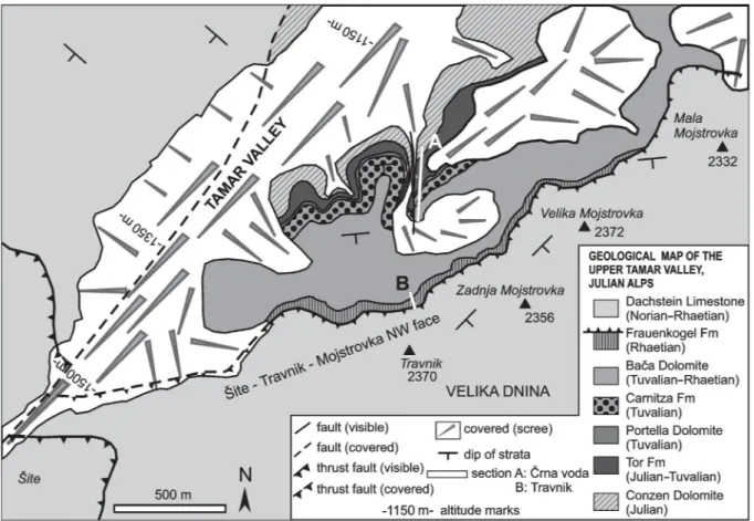 Fig. 3. Geological map of the Tamar Valley with the positions of the Črna voda (A) and Travnik (B) sections.
