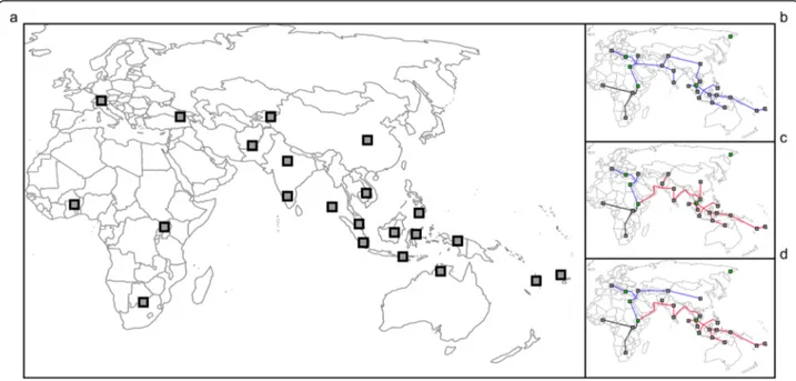Fig. 1 Geographic location of the 24 metapopulations analyzed (a) and geographical models of African dispersal (b, c, d)