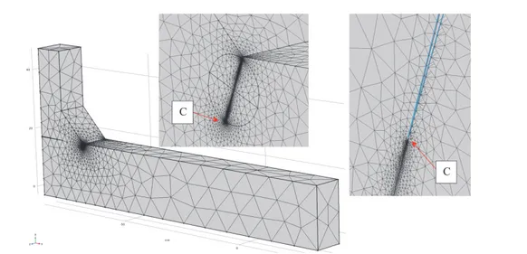 Figure 7: Example of mesh used in the numerical FE analysis for the evaluation of SIF for point C (the dimensions of smaller elements  at the tip of the crack were in the order of 10 -5  mm- a=0.3 mm, d=0.4 mm)