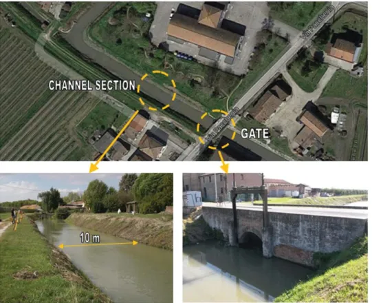 Figure 1. Fossa Masi channel (Masi Torello). In particular, it is observed the segment of the channel considered for this study and the gate located downstream near the bridge.