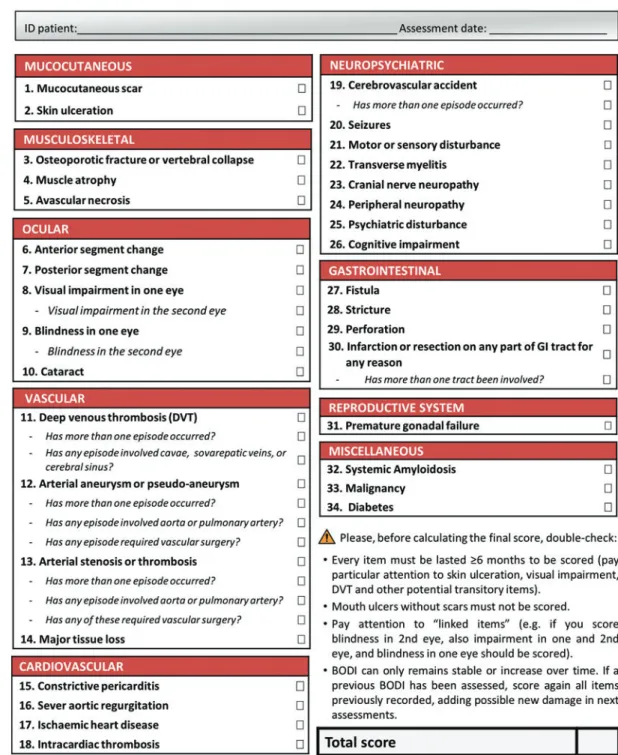 Figure 1 The Behçet ’s Syndrome Overall Damage Index (BODI) form.