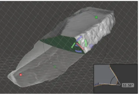 Fig 5. Representation of cross-sectioning a virtual model of lithic tool and acquisition of angles’ data in cross- cross-section.