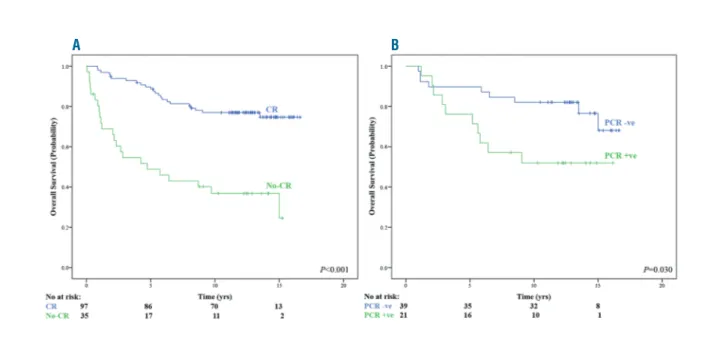 Figure 3. Updated overall survival according to end of treatment clinical status.  (A) Complete remission (CR) achievement