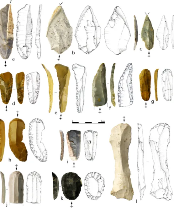 Fig. 3 - Selection of tools from assemblages A2–A1. Burin on truncation (a), dihedral burins (b–c),  laterally retouched blades (d–e), Aurignacian blade (f), endscrapers on blade (g, i, and l),  endscrap-ers on laterally retouched blade (h and j), and ends