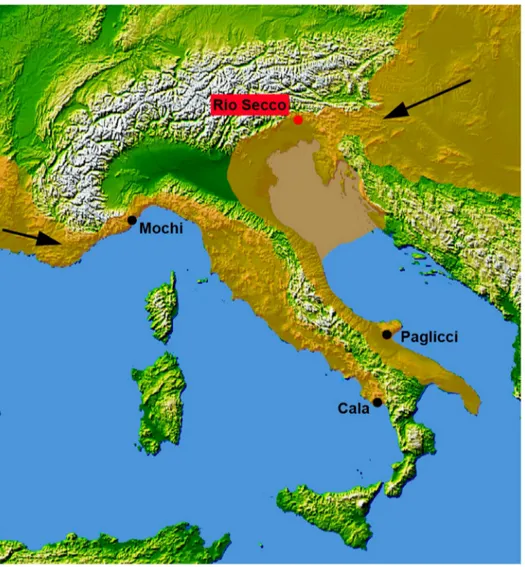 Figure 1. The earliest Mid-Upper Palaeolithic sites in Italy. Rio Secco is marked in red, the sea level is at 280 m (Base map from NASA http:// www2.jpl.nasa.gov/srtm/world.htm) [20].