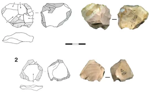 Figure 2. Lithic industry of lower stratigraphic units of San Bernardino Cave (Vicenza, Italy): Levallois recurrent centripetal core of unit VIII (1) and Levallois preferential core of unit VII (2).