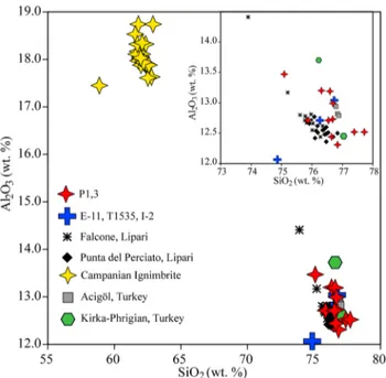Figure 7. Geochemical comparisons of P1,3 and potential sources. SiO 2 vs Al 2 O 3 (wt%)