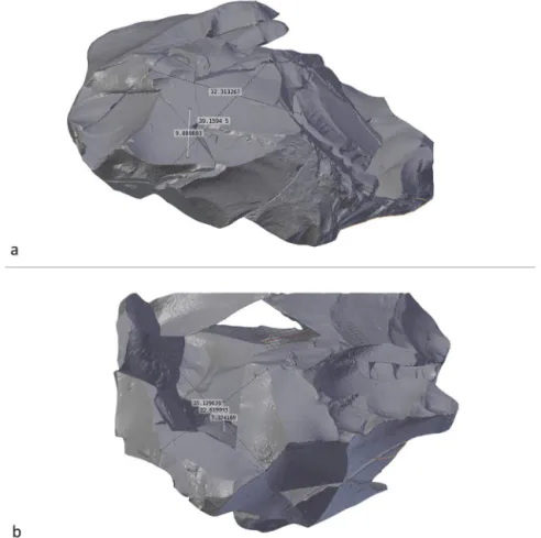 Fig. 5. 3D view and size of a ﬂake, detached by a centripetal cortical blow from face A during stage 1 (a); 3D view and size of a centripetal ﬂake, detached