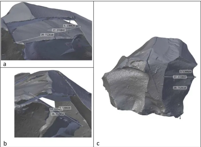 Fig. 6. 3D view and size of a ﬂake, exposed from the right side (a), the impact point (b) and the top (c)