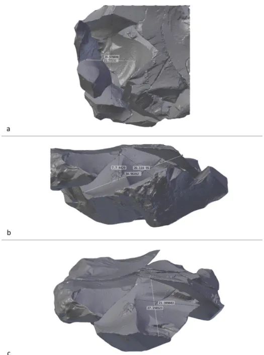 Fig. 7. 3D view and 2D size of a core-edge removal blow with left knapped back and right cutting edge detached from face A during stage 6