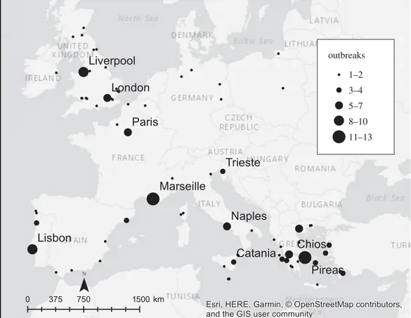 Figure 2. Map of reported plague cases in Europe (1899 – 1947) from the Public Health Reports and electronic supplementary material, including the number of outbreaks in each location (see also the electronic supplementary material, table S1).