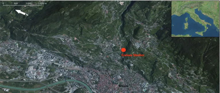 Fig. 1 - Satellite view of the Adige Valley and location of Riparo Gaban (Trento, Northern Italy)