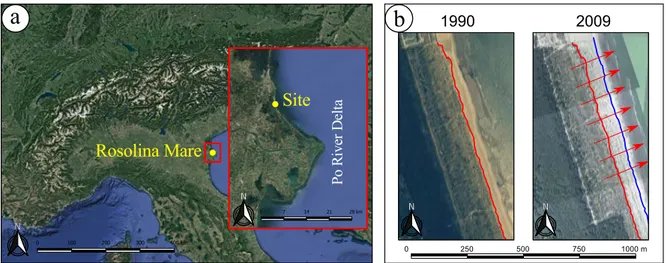 Figure 1. (a) The case study location, northern Italy (by Google Earth); (b) The progression (progradation) of the embryo dunes’ limit over 19 years in the past.