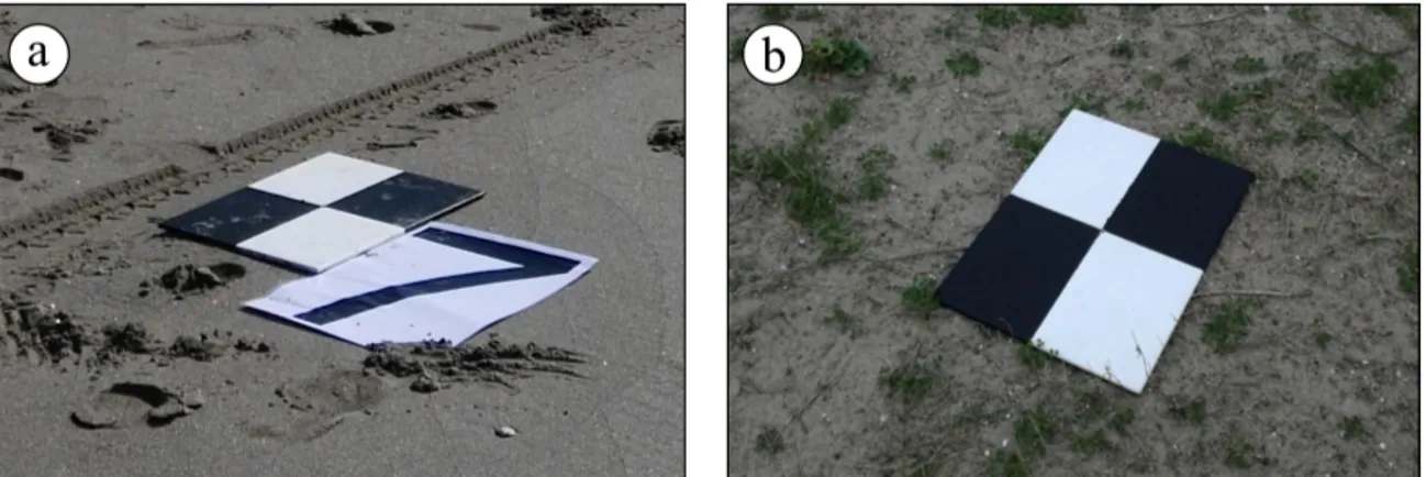 Figure 6. Targets used as Ground Control Points to be recognized on the aerial images placed (a) on the shoreline (initially numbered to be used for the processing of the Panasonic Lumix DMC–GM images) and (b) on the back-dunes (not numbered thanks to the 