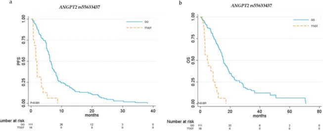 Figure 1. Kaplan–Meier curves for ANGPT2 rs55633437. (a) Progression-free survival (PFS) and (b)  overall survival (OS) in relation to ANGPT2 rs55633437 genotypes