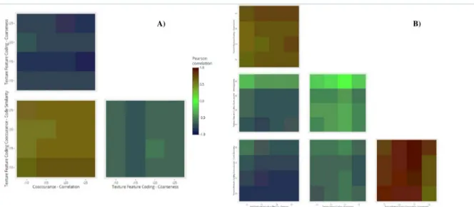Fig 6. Heat-maps of cross-correlation coefficients between texture features rejecting H 0 in the radial configuration