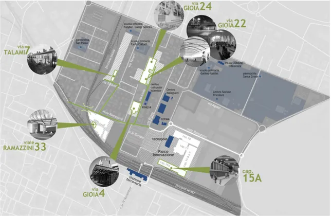 Fig.  1.  Planimetria  generale.  Planimetria  degli  interventi  di  rigenerazione  del  comparto  produttivo  delle  ex  officine  reggiane  e  dei  processi  di  riuso  temporaneo  attivati  attraverso  la  partecipazione  al  Bando  Periferie  2016  (S