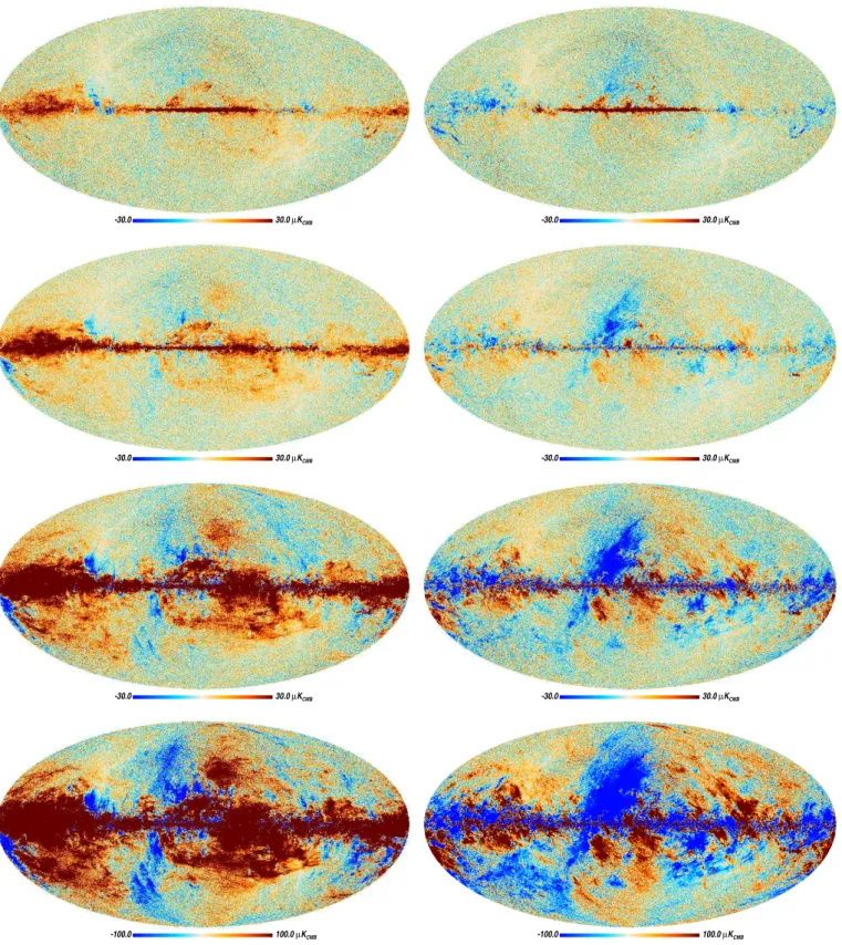 Fig. 7. Planck-HFI full mission Q (left) and U (right) polarization maps corrected from bandpass leakage (see Sect