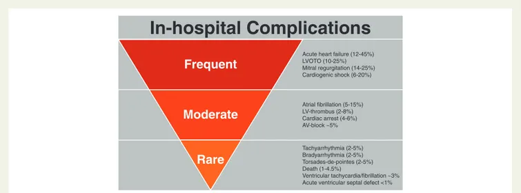 Figure 4 Overview of in-hospital complications according to their prevalence. AV, atrioventricular block; LV, left ventricle; LVOTO, left ventricu- ventricu-lar outflow tract obstruction.