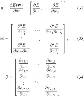 Table 3. Updating rule parameters. Algorithm Updating rule Gradient descent w k+1 = w k − αg k Newton w k+1 = w k − H −1k g k Gauss–Newton w k+1 = w k −  J k T J k  −1 J k ¯e k Levenberg–Marquardt w k+1 =w k −  J k T J k +μI  −1 J k ¯e k