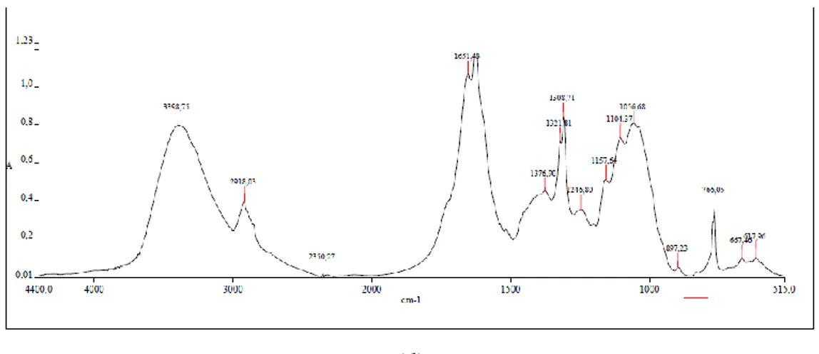 Figure 3. FT-IR spectra of rachis samples not-treated (a), treated with ECA solution (b), with 397 