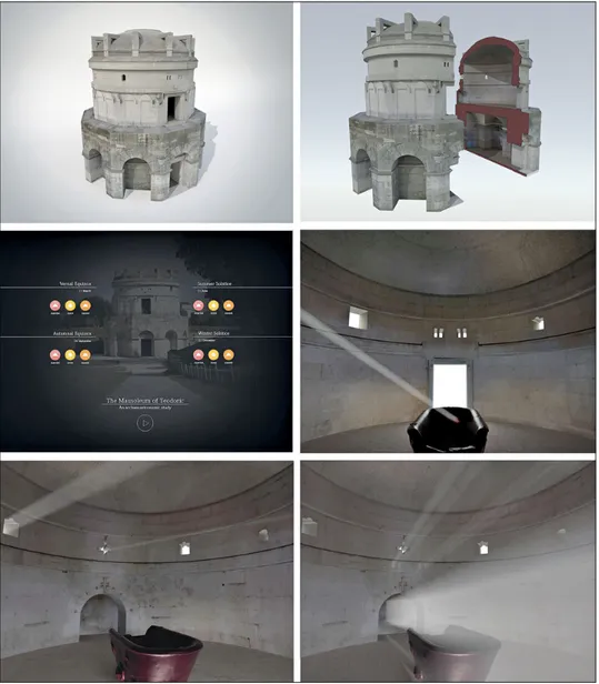 Fig. 8 – Mausoleo di Teodorico: modello e render dell’edificio con la simulazione della luce all’in- all’in-terno della cella superiore (S