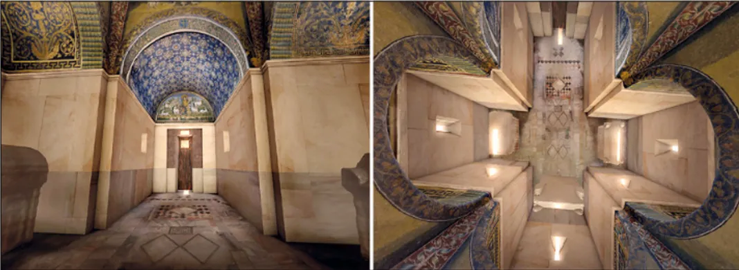 Fig. 9 – Mausoleo di Galla Placidia: simulazione della luce sull’antico pavimento posto alla quota  di -1.40 m rispetto al livello attuale (S