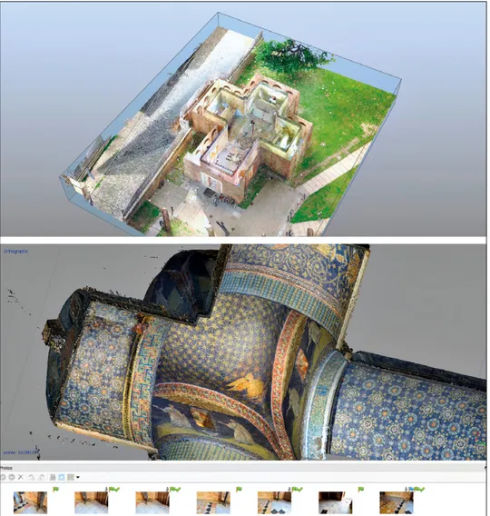 Fig. 2 – Mausoleo di Galla Placidia, sopra: screenshot della nuvola di punti, scanner Faro Focus  330, software Scene 6.2, rilievo (6/03/2017) ed elaborazione dati M