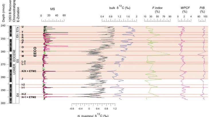 Fig. 4. Early Eocene δ 13 C, dissolution proxy and MS records at ODP Site 1263. Bulk sediment δ 13 C from this study (blue), and benthic foraminiferal N