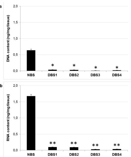 Fig 2. Nucleic acids quantification in decellularized bovine bone. Quantification analysis of amount of residual (a) DNA and (b) RNA in decellularized bone samples DBS1, DBS2, DBS3, and DBS4 compared to that of NBS