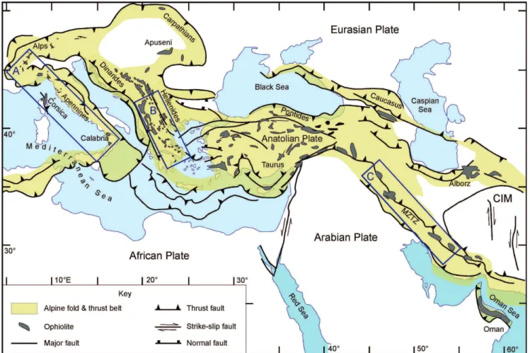 Figure 1. Distribution of major ophiolitic complexes in the Alpine orogenic belts from the central Mediterranean area to the Oman Sea