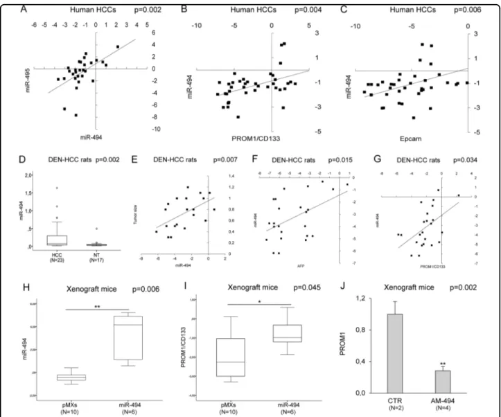 Fig. 1 MiR-494 is overexpressed in HCC and correlates with stem cell markers. a Correlation graph between miR-494 and miR-495 expression levels in tumor tissue from 28 randomly selected HCC patients