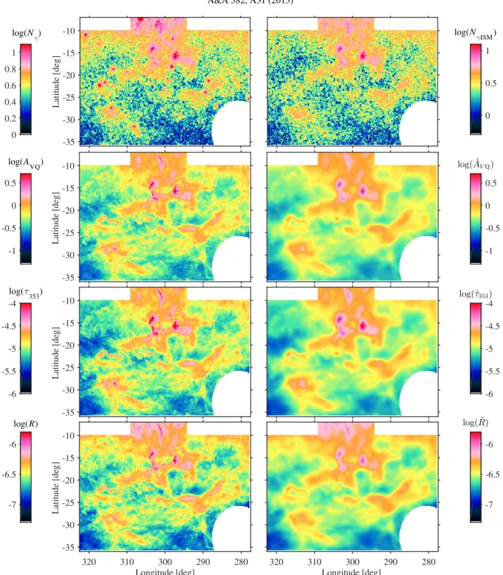 Fig. 1. Maps toward the Chamaeleon region of the γ-ray counts recorded in the 0.4−100 GeV band and of the dust quantities (modified extinction A VQ in magnitudes, optical depth τ 353 , and radiance R in W m −2 sr −1 )