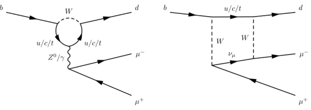 Figure 1. Feynman diagrams of the penguin and box loop contributions to the b → d` + ` − process.