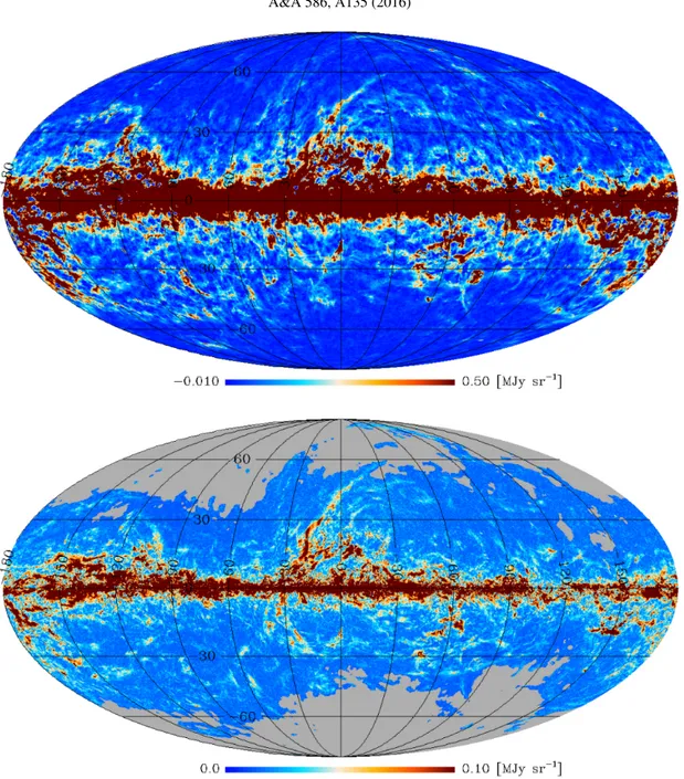 Fig. 1. Top: all-sky Mollweide display of the dust emission intensity at 353 GHz after background subtraction, D Dif