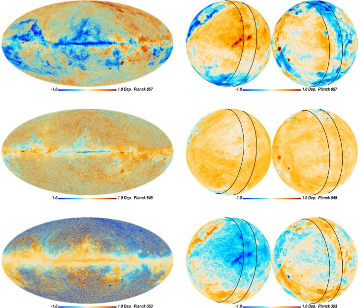 Fig. 4. Comparison between the model and the Planck data used to constrain the fit. Each panel shows the model departure from the data defined