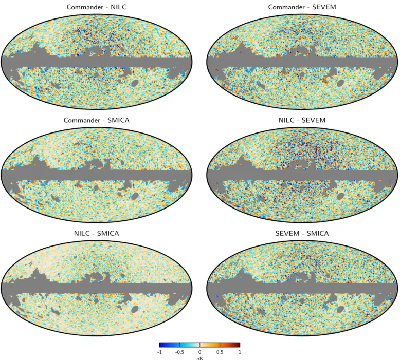 Fig. 9. Pairwise differences between CMB Q maps, after smoothing to FWHM 80 0
