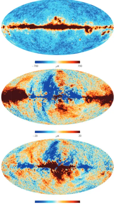Fig. 10. LFI 30-GHz channel maps: temperature (top); Q polarization (middle); and U polarization (bottom)