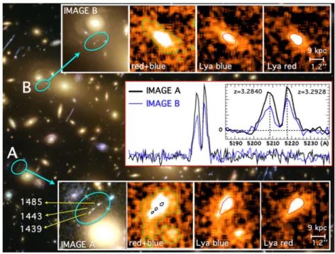 Figure 10. The lensed Ly α nebula discovered behind the Hubble Frontier Field MACSJ0416 at z = 3.2 is shown
