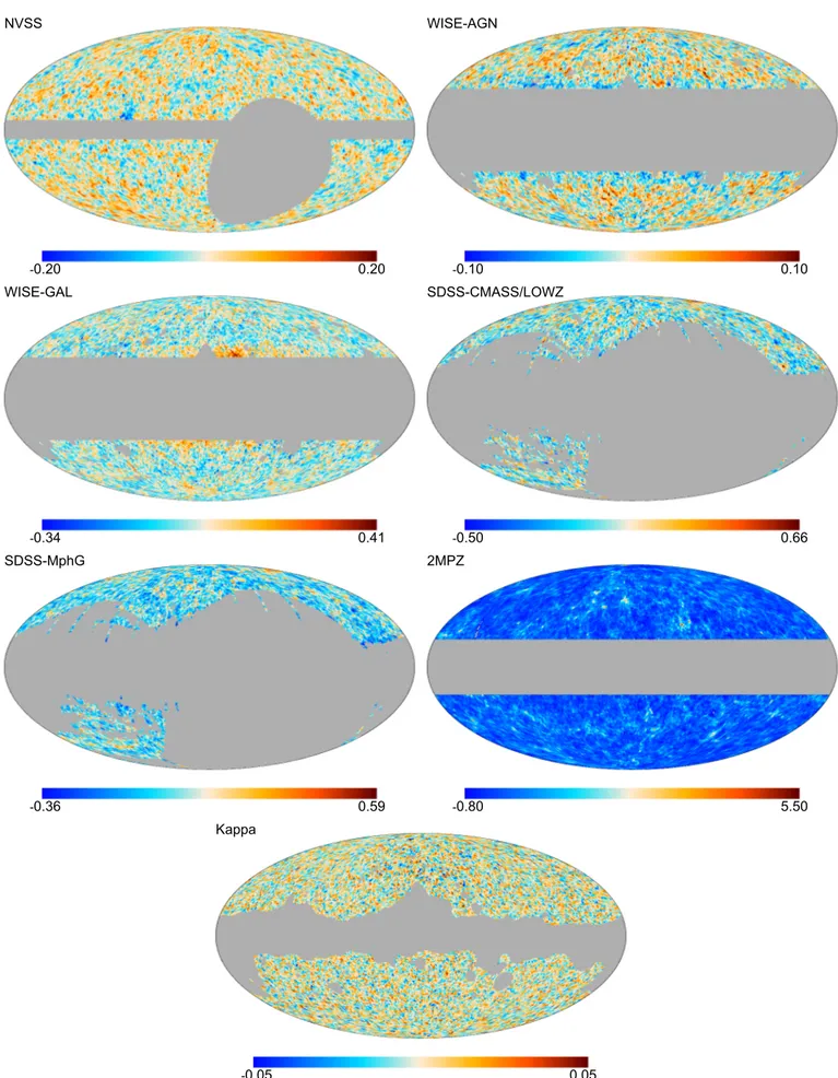 Fig. 4. Density contrast maps obtained from the galaxy catalogues at N side = 64. From left to right and from top to bottom: NVSS; WISE-AGN; WISE-GAL; SDSS-CMASS/LOWZ; SDSS-MphG; and 2MPZ