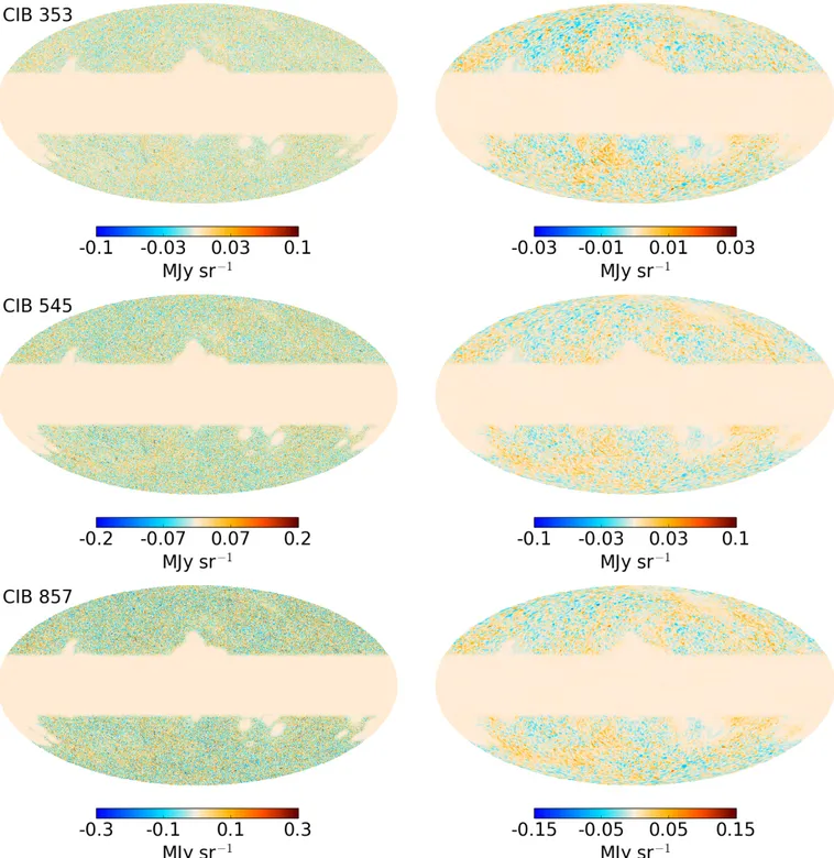 Fig. 12. GNILC CIB maps for a large fraction of the sky at 353 GHz (top), 545 GHz (middle), and 857 GHz (bottom)