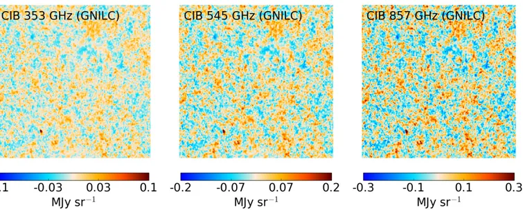 Fig. 13. GNILC CIB maps at 353 GHz (left), 545 GHz (middle), and 857 GHz (right) on a 12 ◦ .5 × 12 ◦ .5 gnomonic projection of the sky centred at high latitude, (l, b) = (90 ◦ , −80 ◦