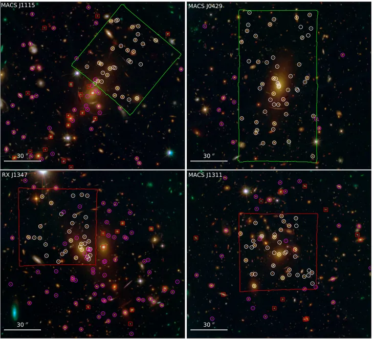 Fig. 3. Same as in Fig. 2 but for the silver sample of galaxy clusters. Red regions indicate MUSE exposures with less than one hour on target