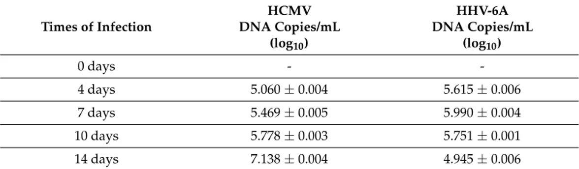 Table 1. Human cytomegalovirus (HCMV) and human herpesvirus 6A (HHV-6A) DNA amounts in