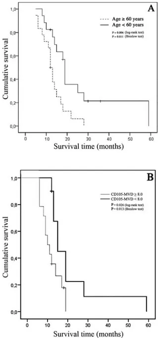 Figure 4. The Kaplan-Meier plots depict the differences in survival when patients were dichotomized into two age groups (≥60 vs &lt;60 years) or by the median value of CD105-MVD in the third area
