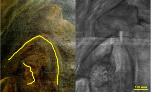 Fig. 9 To the left, detail of the damns in the right central area of the canvas. In yellow are the guides to read